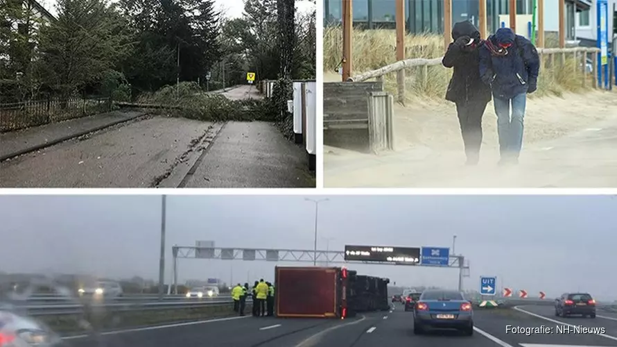 Omgewaaide bomen, gekantelde vrachtwagens en code rood